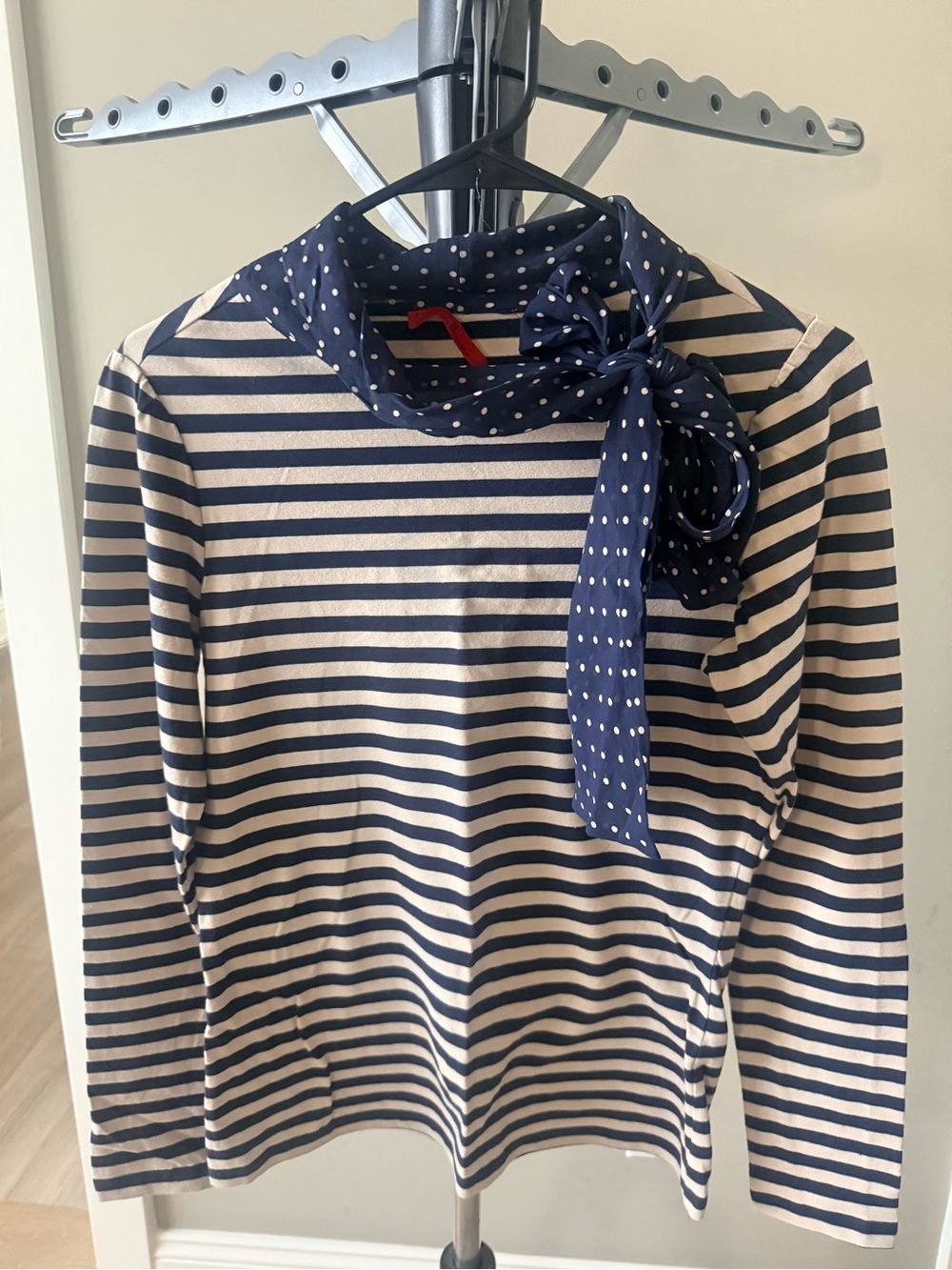 Carolina Herrera Navy and Cream Striped Long Sleeve Top with Polka Dot Neck Tie